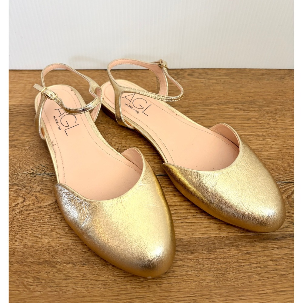 AGL Milly Sling Gold Leather Ankle Strap Flats 38.5 8 8.5 Italian Ballet Shoes